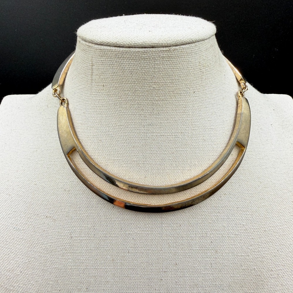 Gold Tone Double Arc Collar Necklace Modernist Statement Vintage Chunky Choker